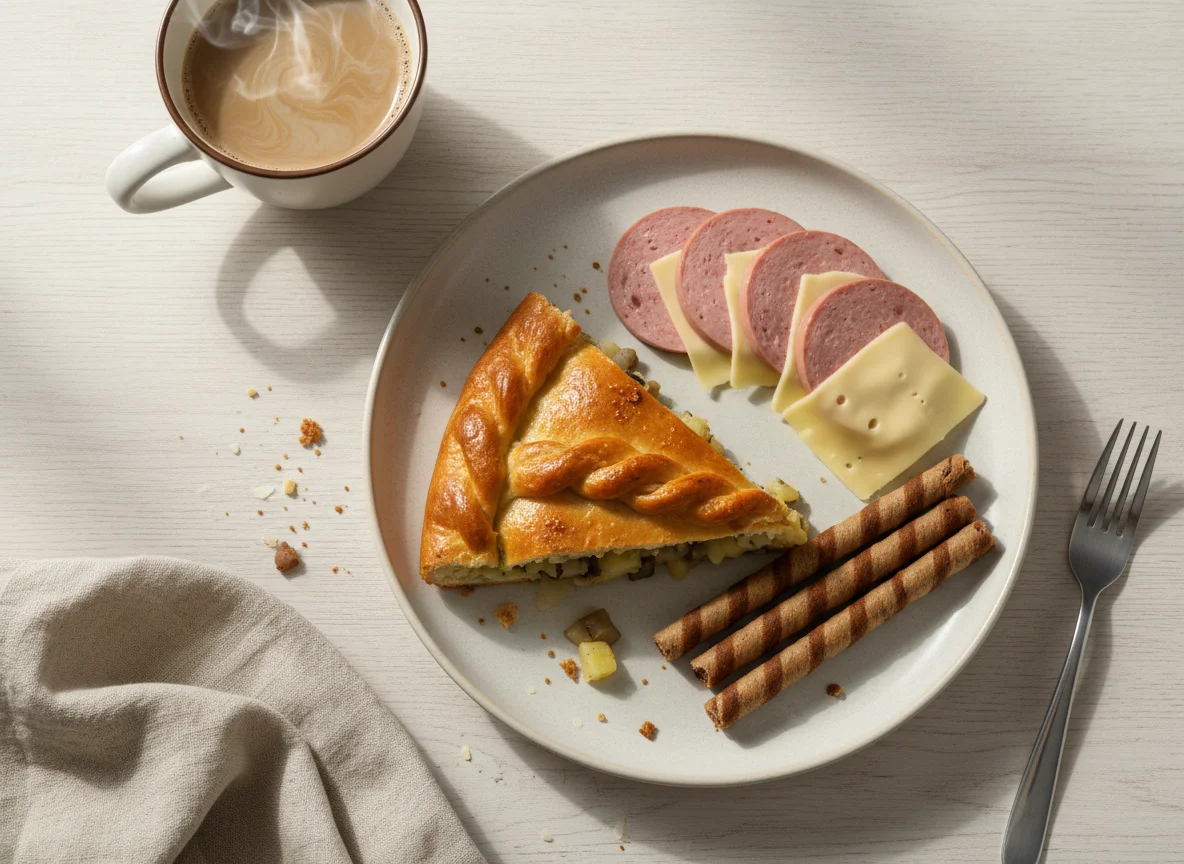 Завтрак с пирогом, колбасой с сыром, вафлей и кофе photo