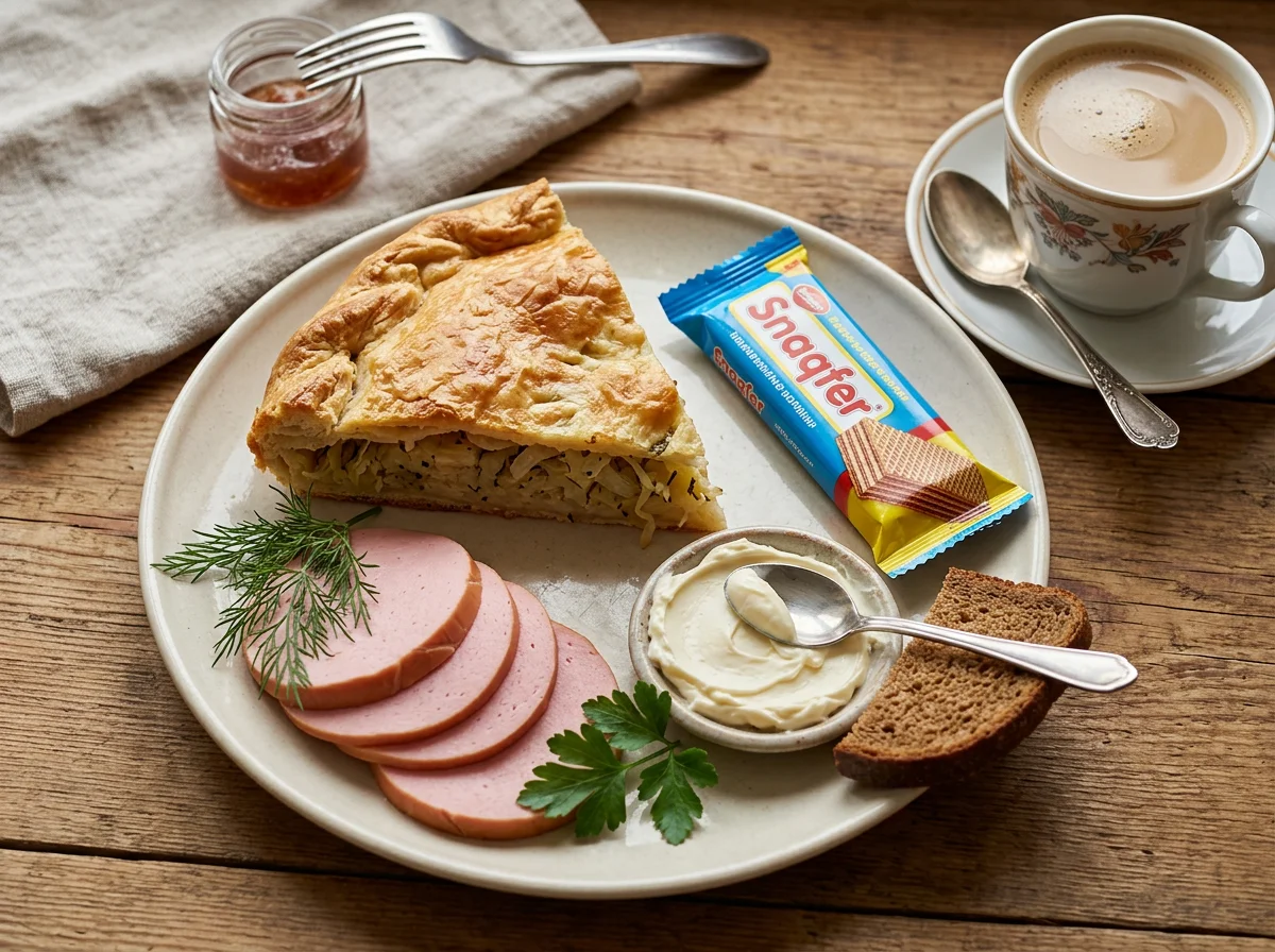 Завтрак с пирогом, колбасой, сыром, вафлей и кофе photo