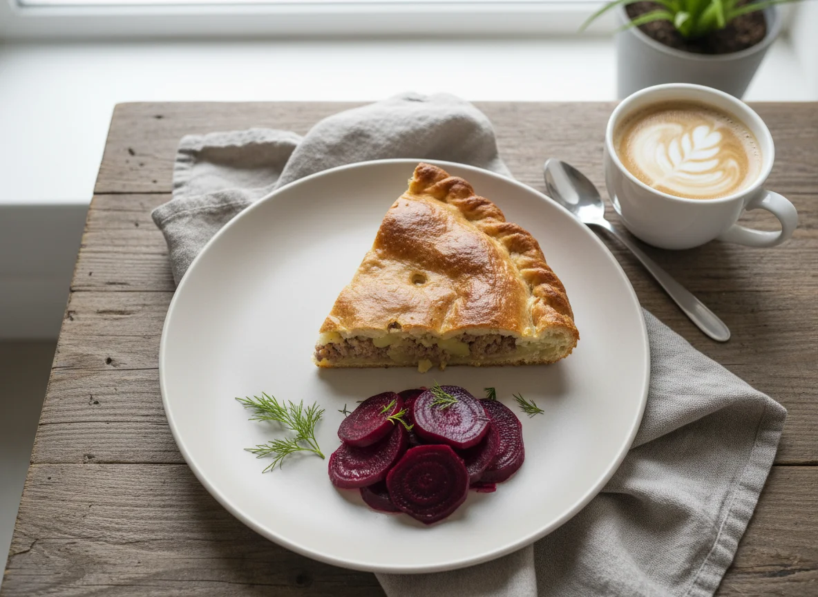 Завтрак с пирогом, свеклой и кофе photo