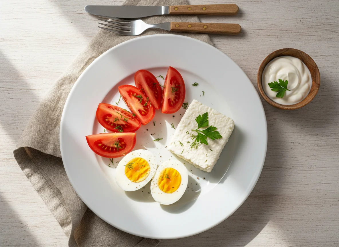 Завтрак с помидорами, яйцом и сыром photo