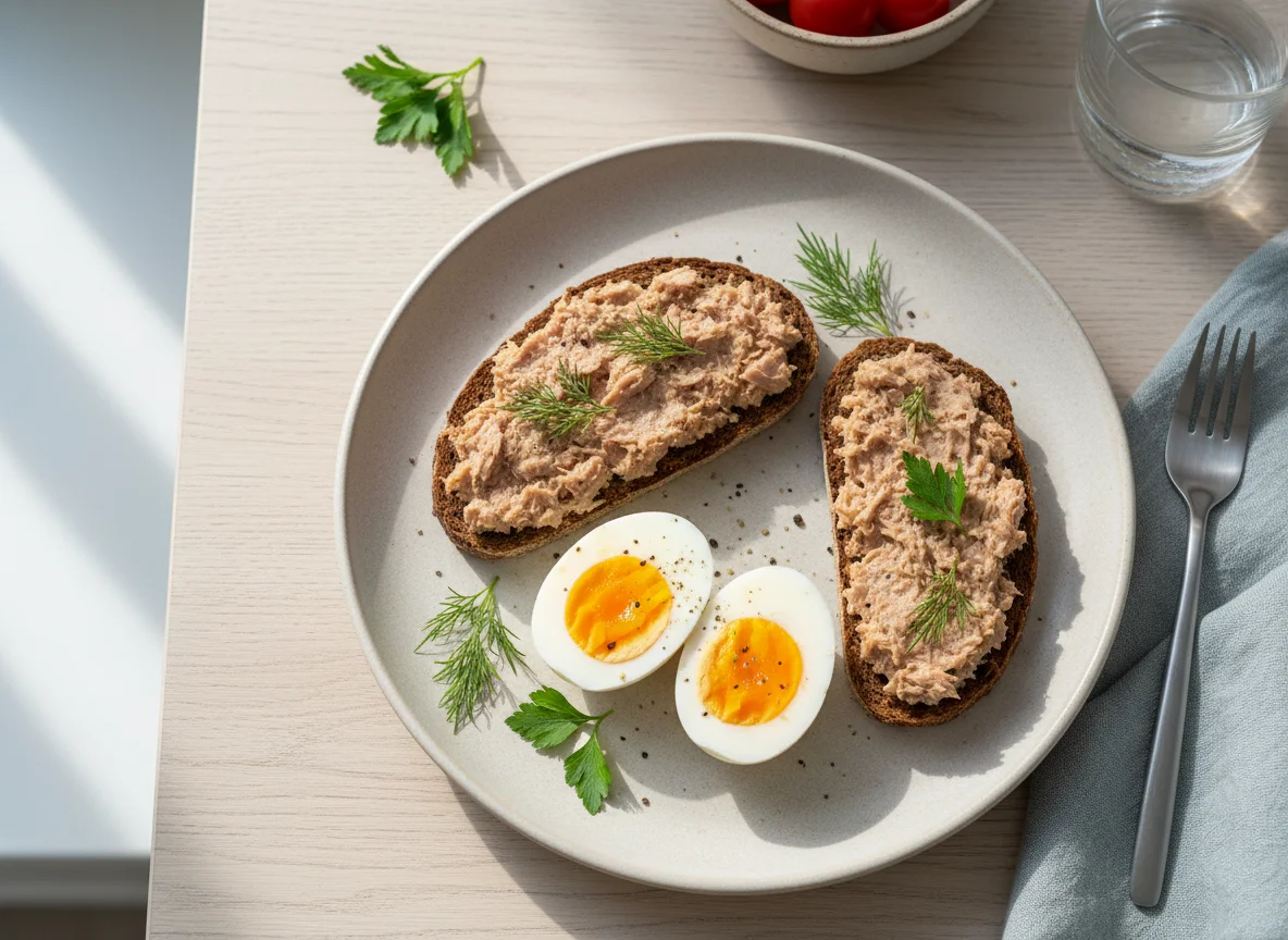 Завтрак с риетом из тунца и яйцами photo