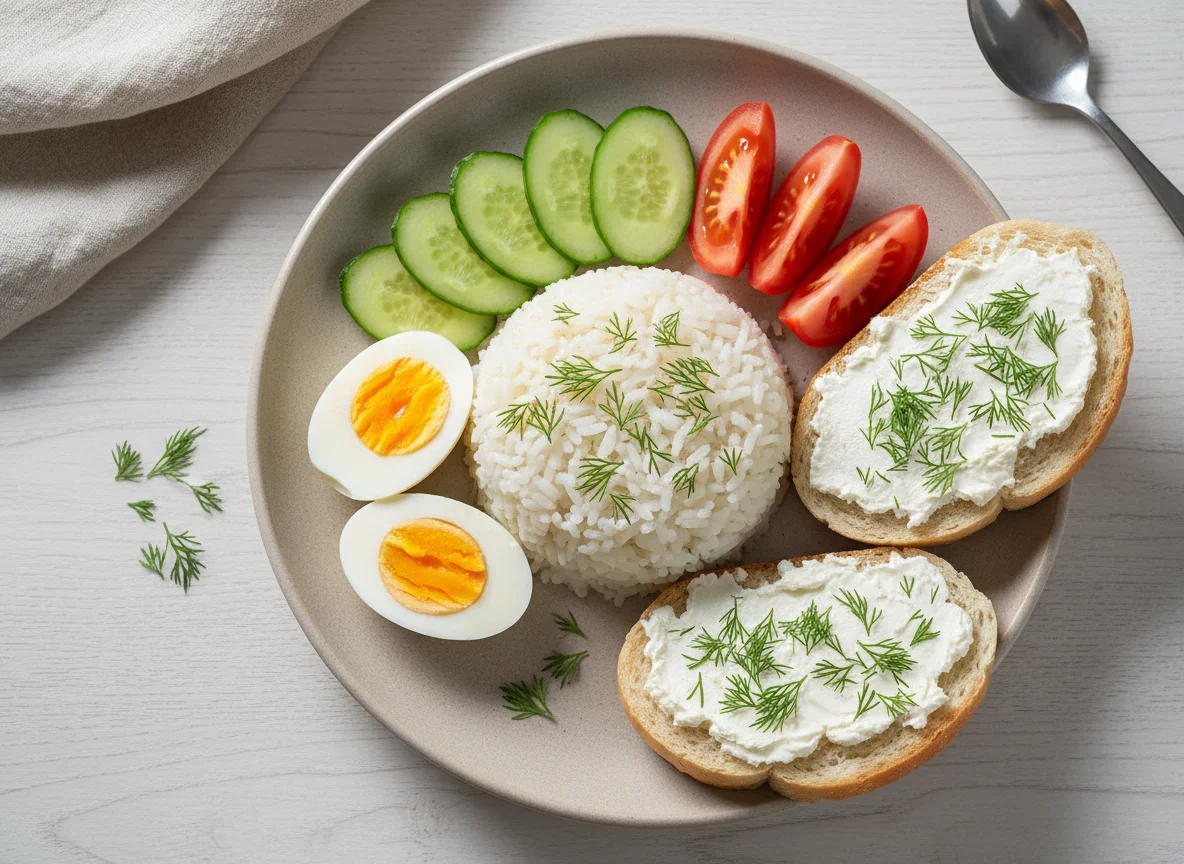 Завтрак с рисом, яйцами, овощами и бутербродами photo