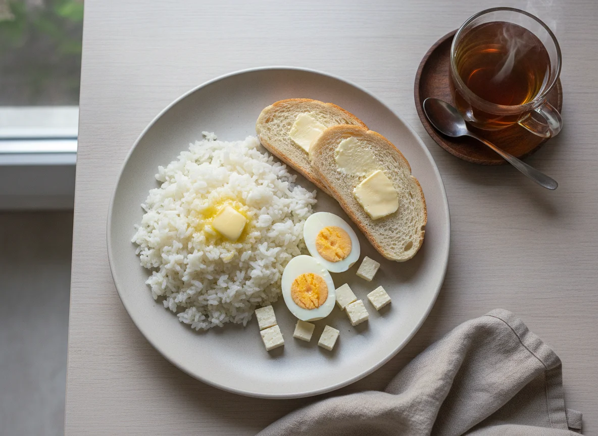 Завтрак с рисом, хлебом и чаем photo