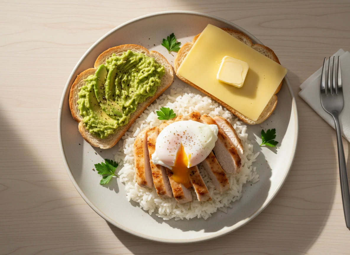 Завтрак с рисом, курицей, яйцом и бутербродами photo