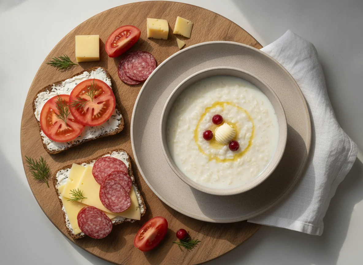 Завтрак с рисовой кашей и бутербродами photo
