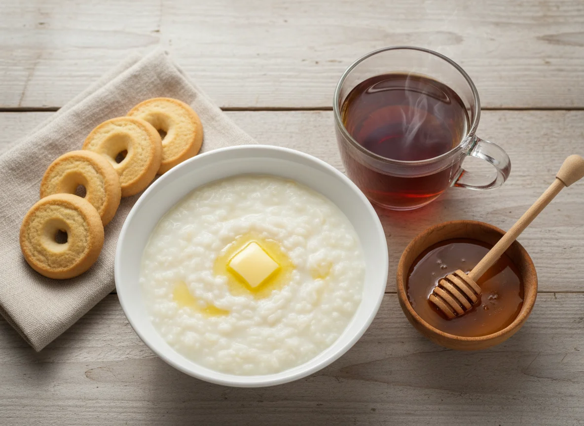 Завтрак с рисовой кашей и чаем photo