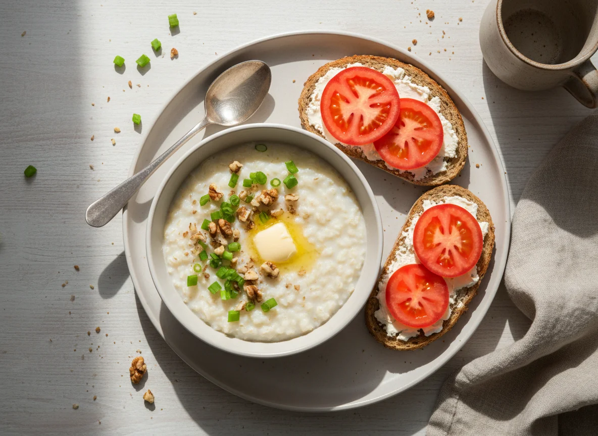 Завтрак с рисовой кашей и тостами photo