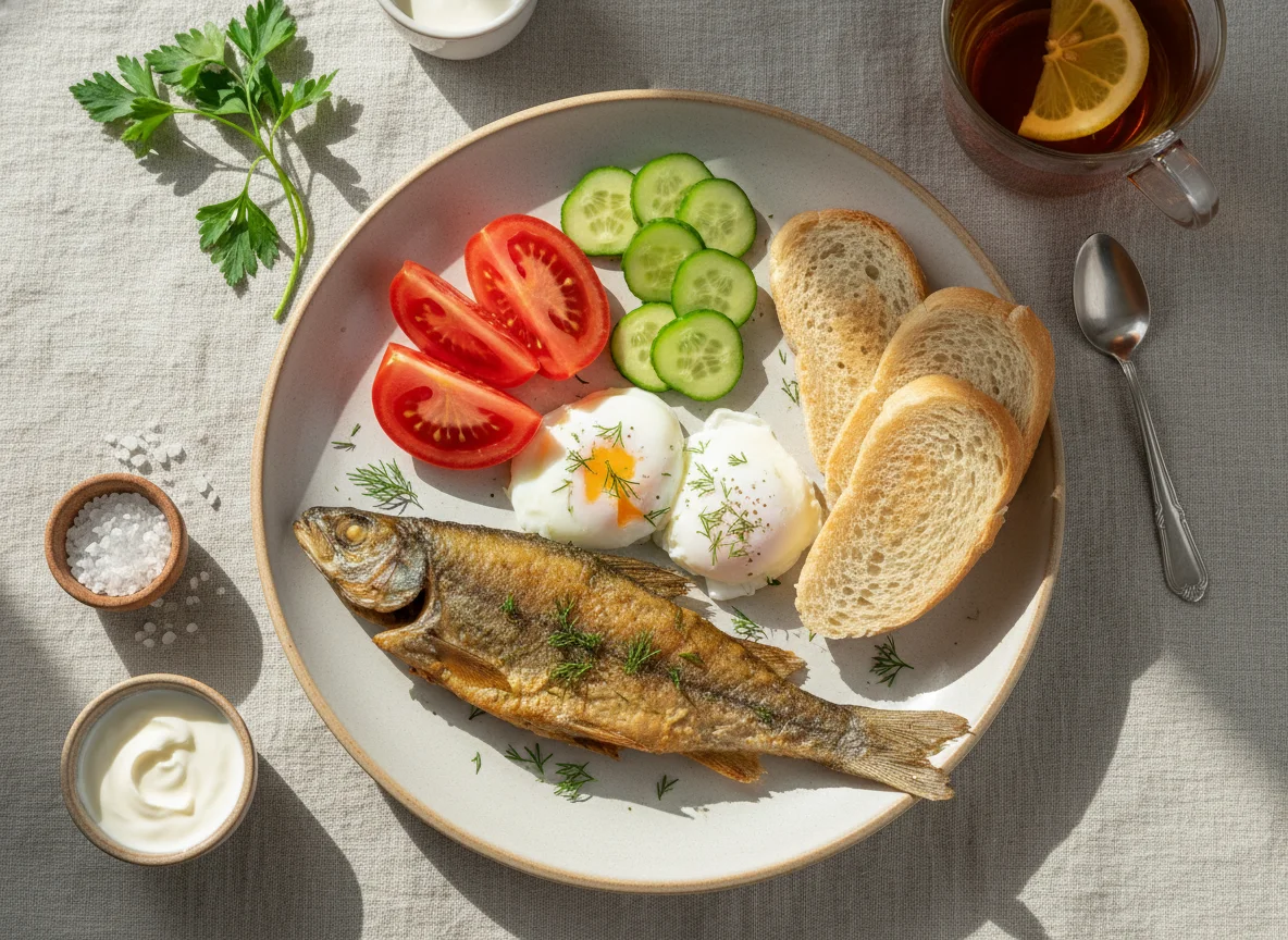 Завтрак с рыбой, яйцами и овощами photo