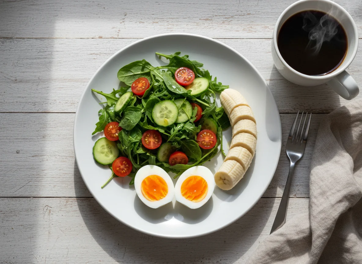 Завтрак с салатом, яйцами, бананом и кофе photo