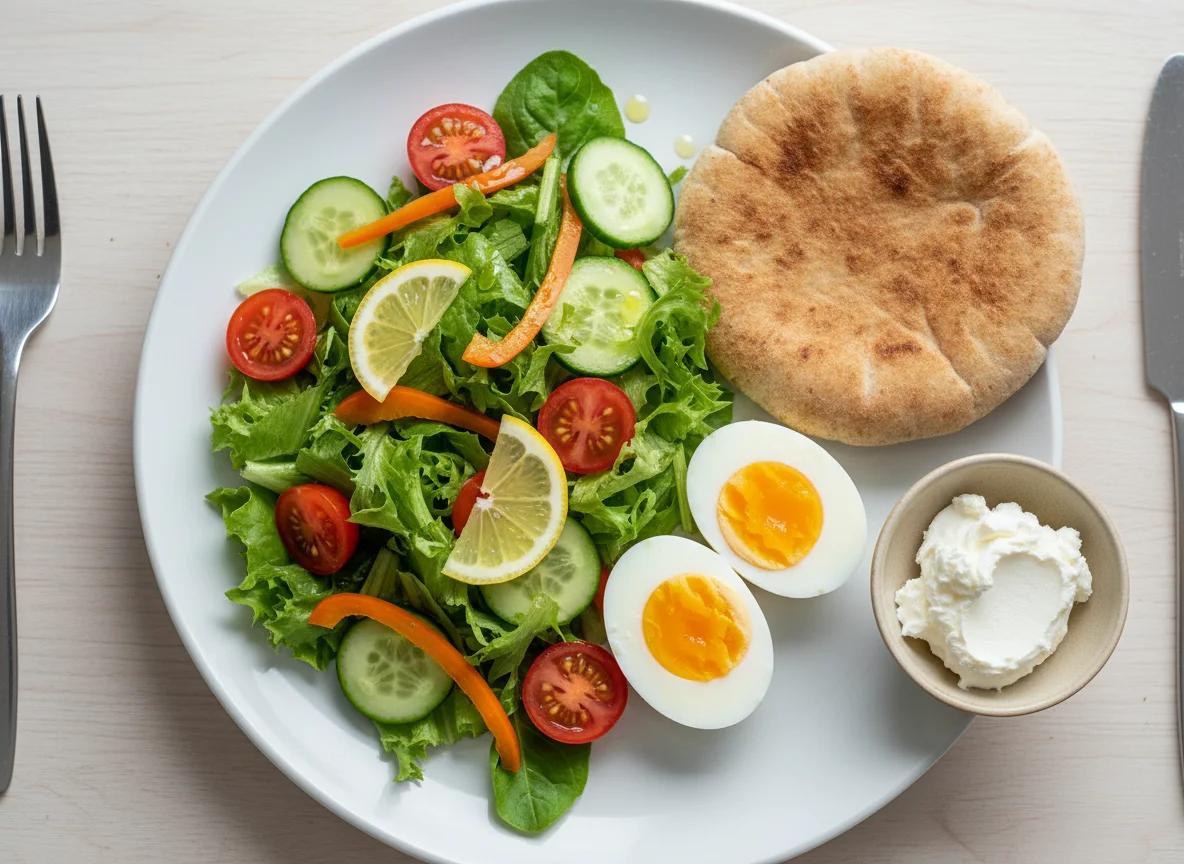 Завтрак с салатом, яйцами и питой photo