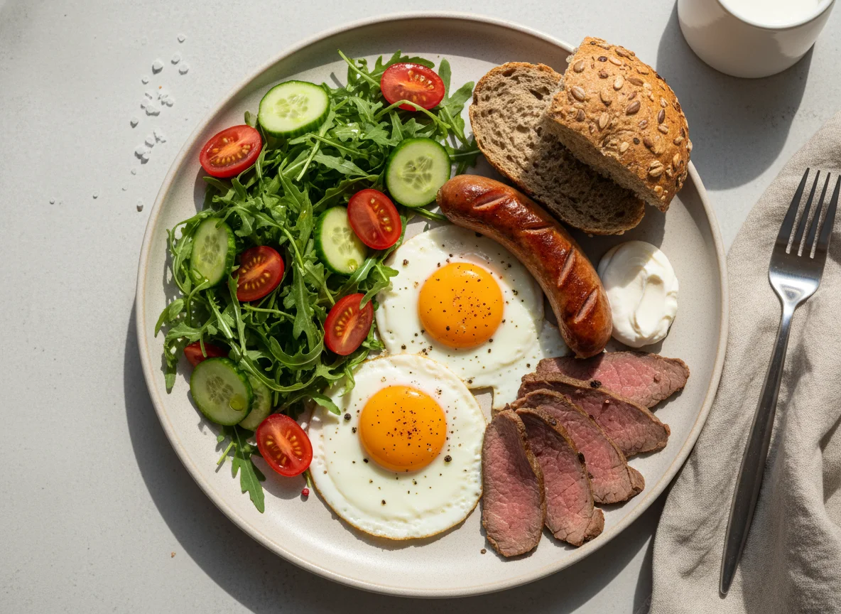 Завтрак с салатом, яйцами и сосисками photo