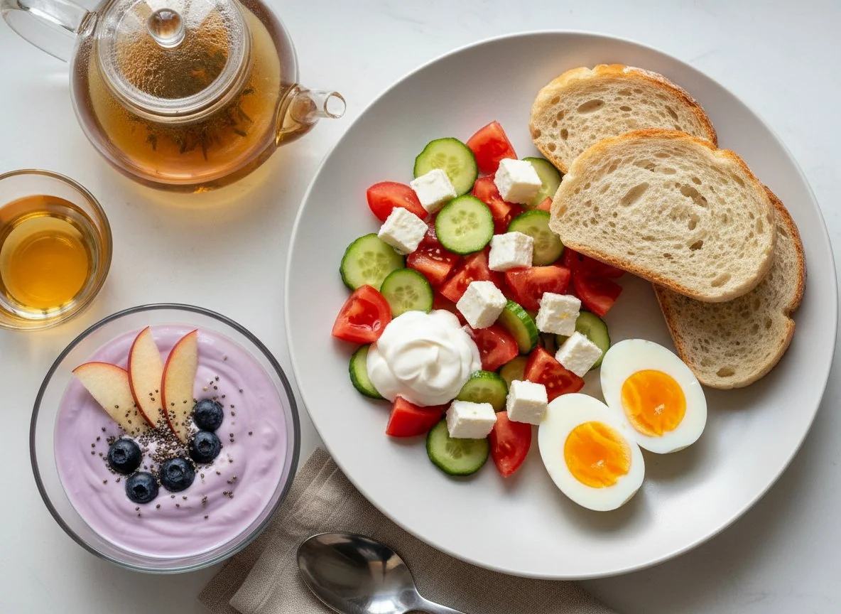 Завтрак с салатом, яйцом, хлебом, йогуртом с яблоками и чаем photo