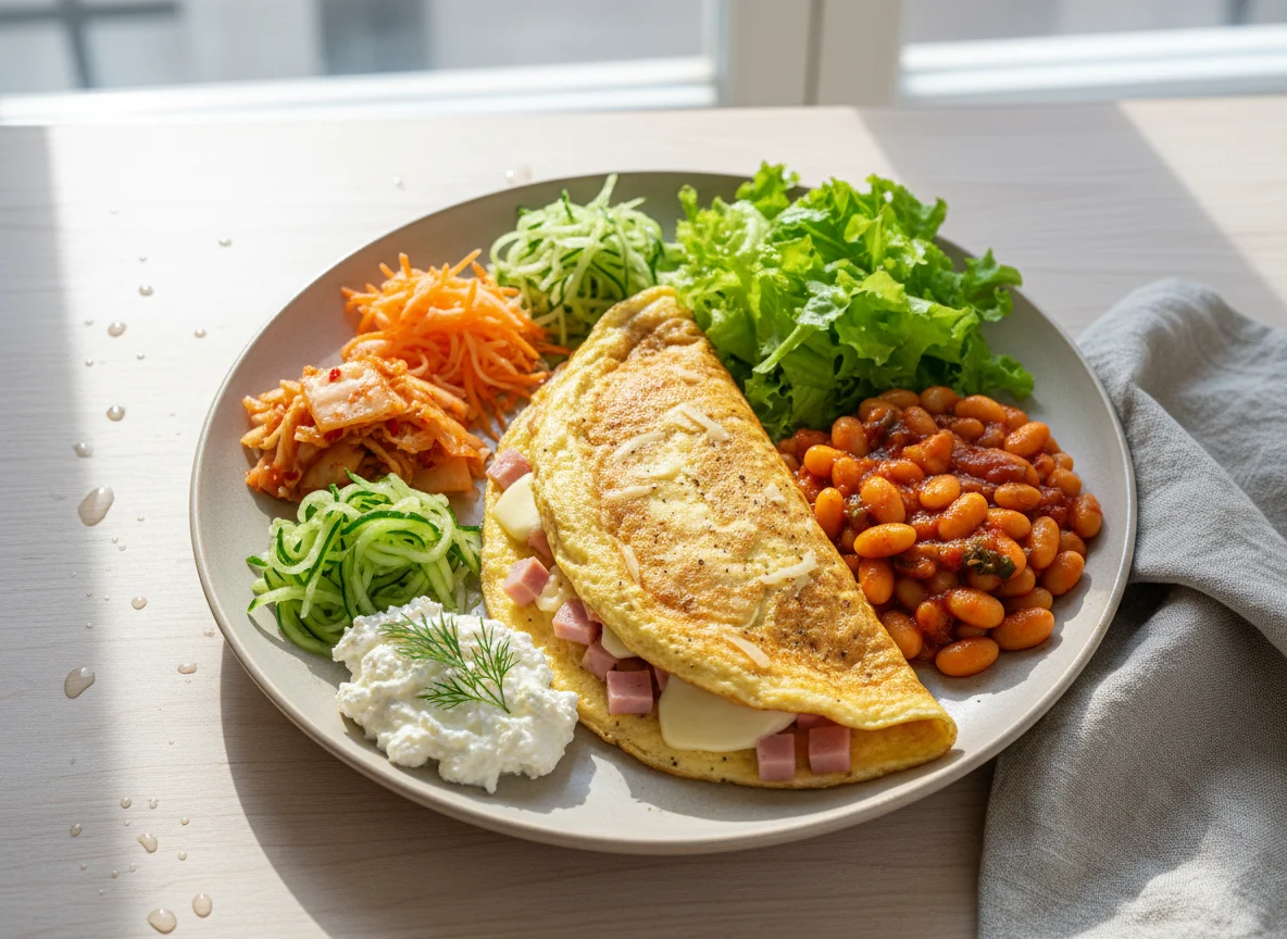 Завтрак с салатом, бобами, сыром и омлетом photo