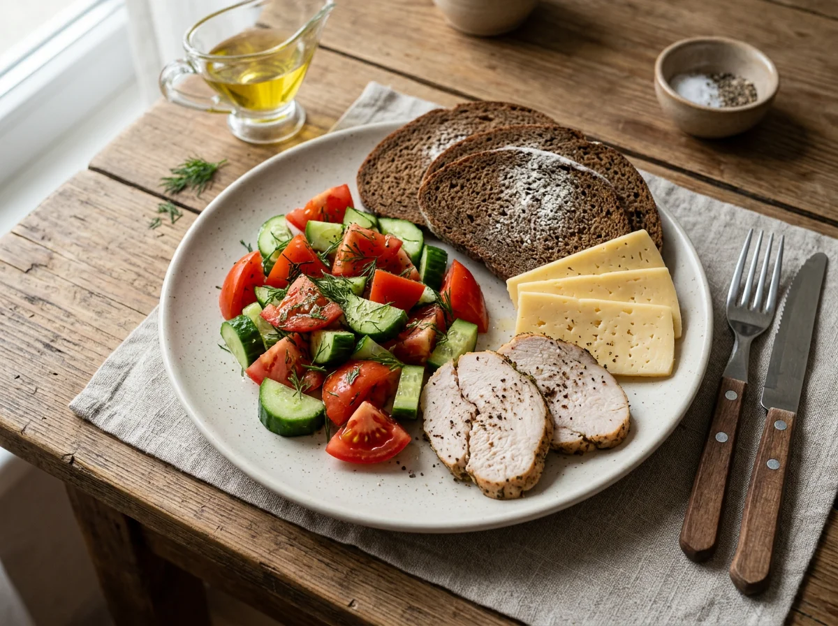 Завтрак с салатом, хлебом, сыром и индейкой photo