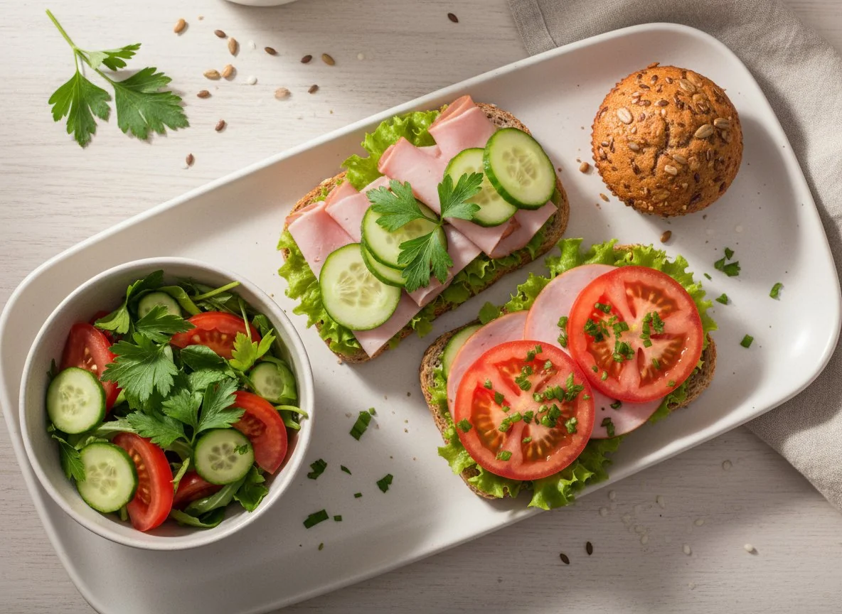 Завтрак с салатом и бутербродами photo