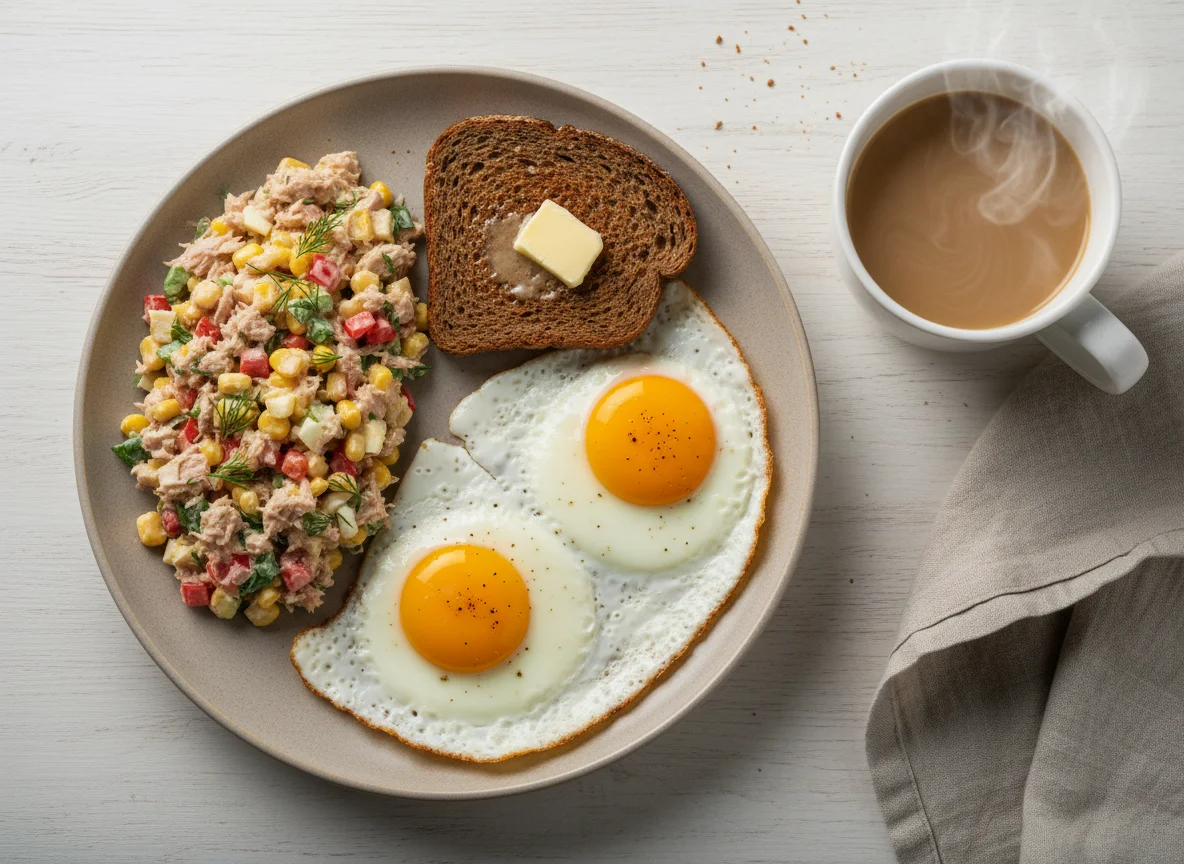 Завтрак с салатом из тунца и яичницей photo