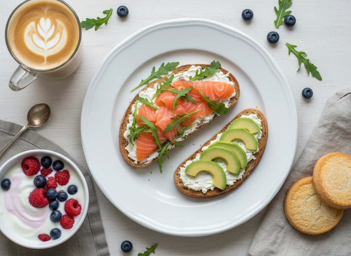 Завтрак с салатом, печеньем и напитками photo