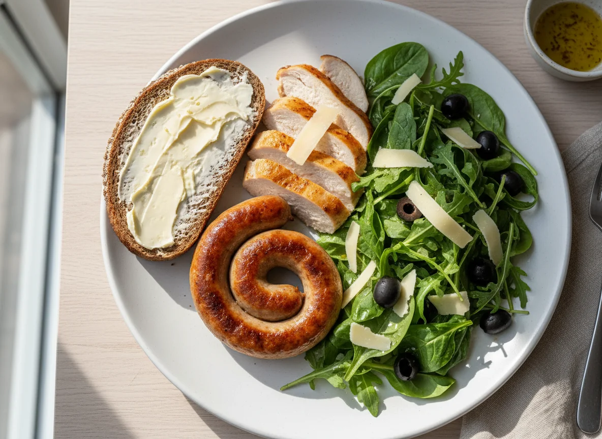 Завтрак с салатом, сосиской и хлебом photo