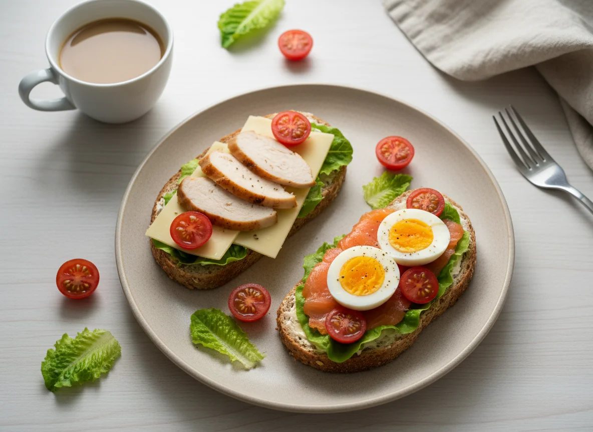 Завтрак с сэндвичами, яйцами и овощами photo