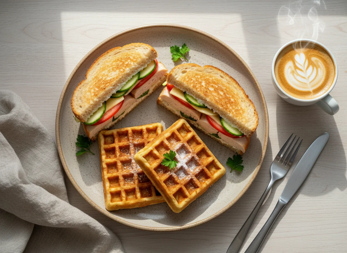 Завтрак с сэндвичами и вафлями photo