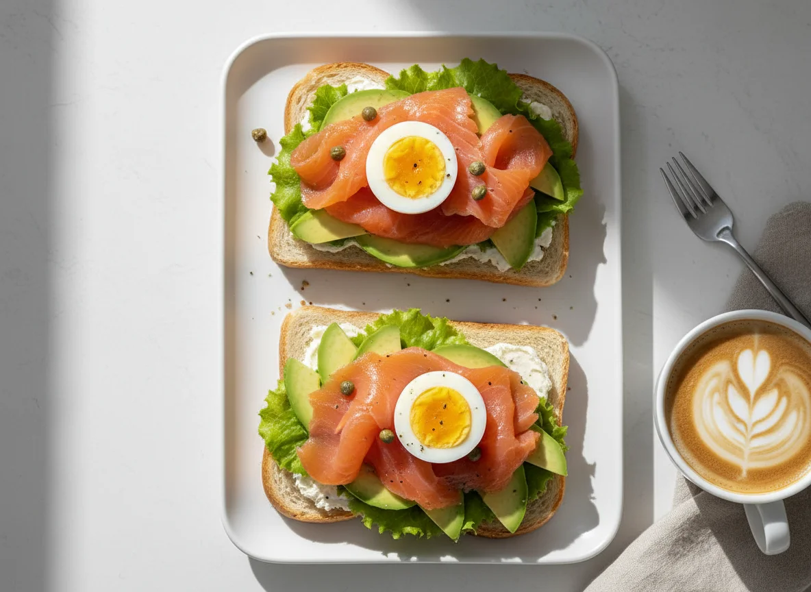 Завтрак с сэндвичами с лососем и яйцами photo