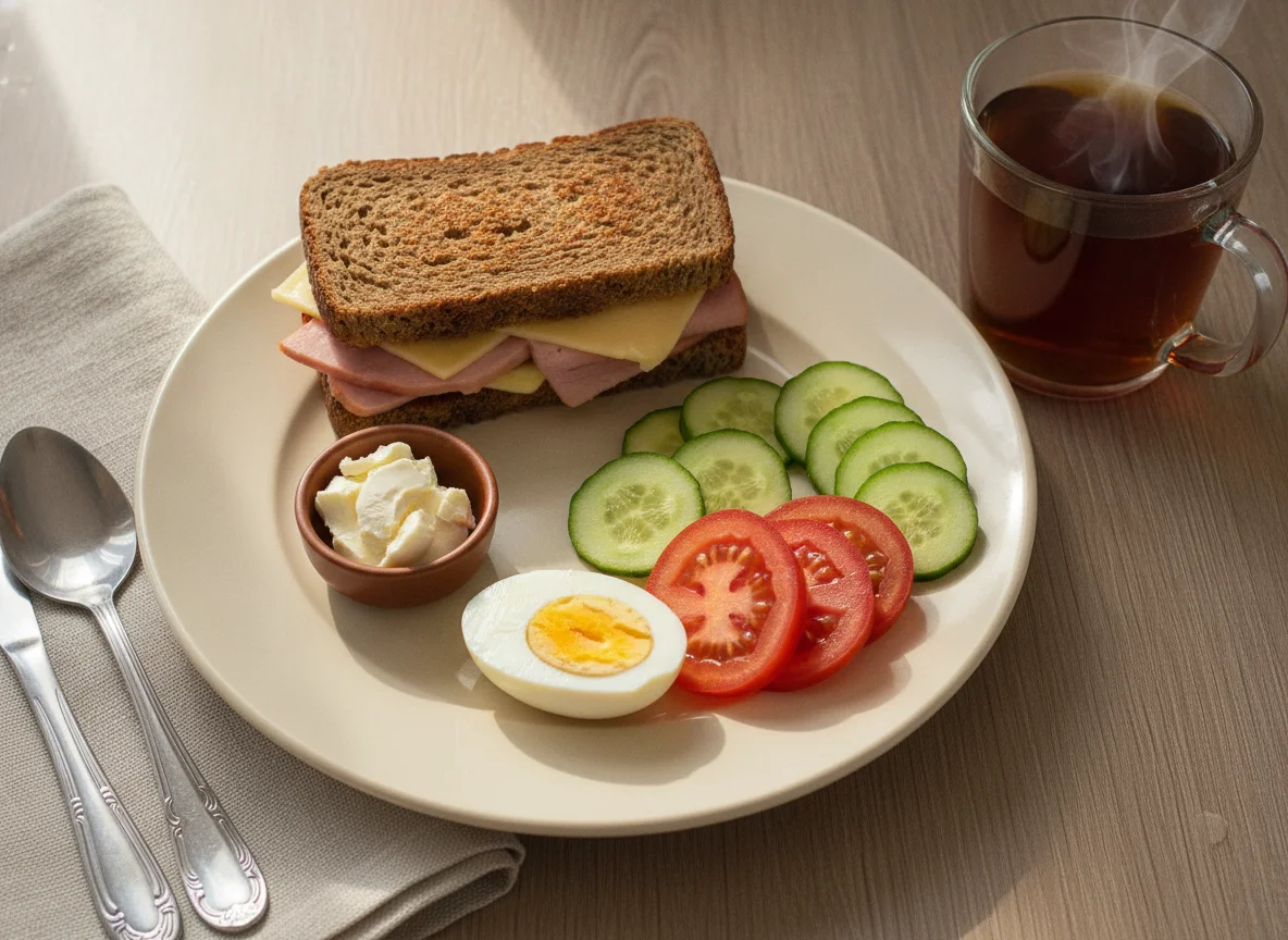 Завтрак с сэндвичем, яйцом и овощами photo