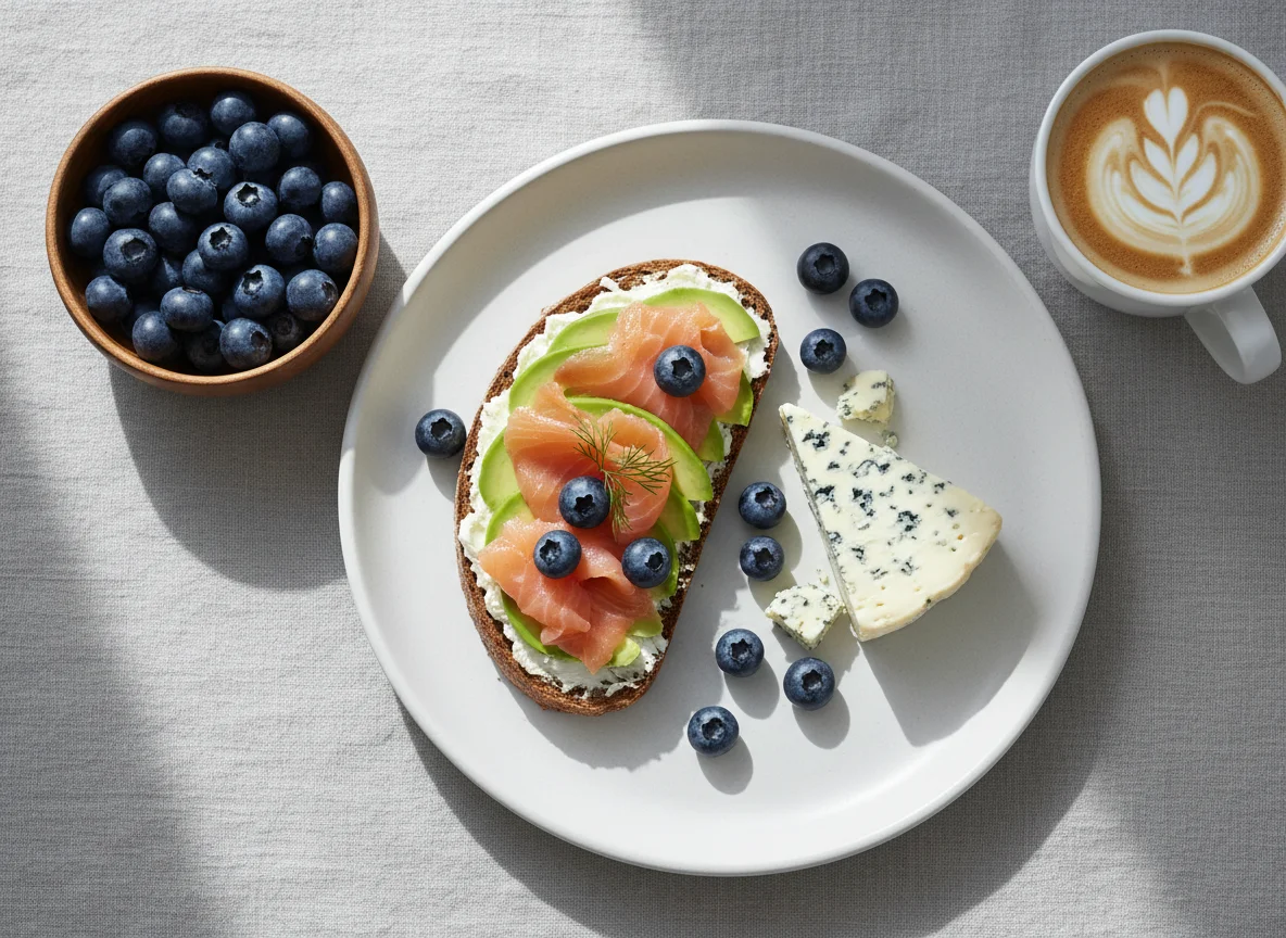 Завтрак с сэндвичем и черникой photo