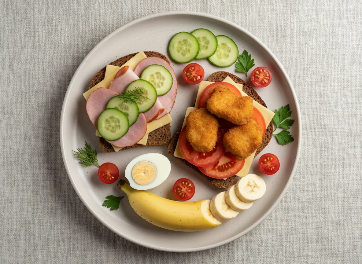 Завтрак с сэндвичем, овощами и яйцами photo