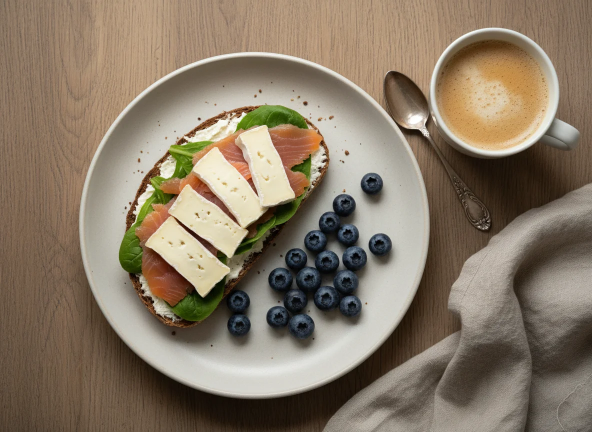 Завтрак с сэндвичем с лососем, черникой и кофе photo