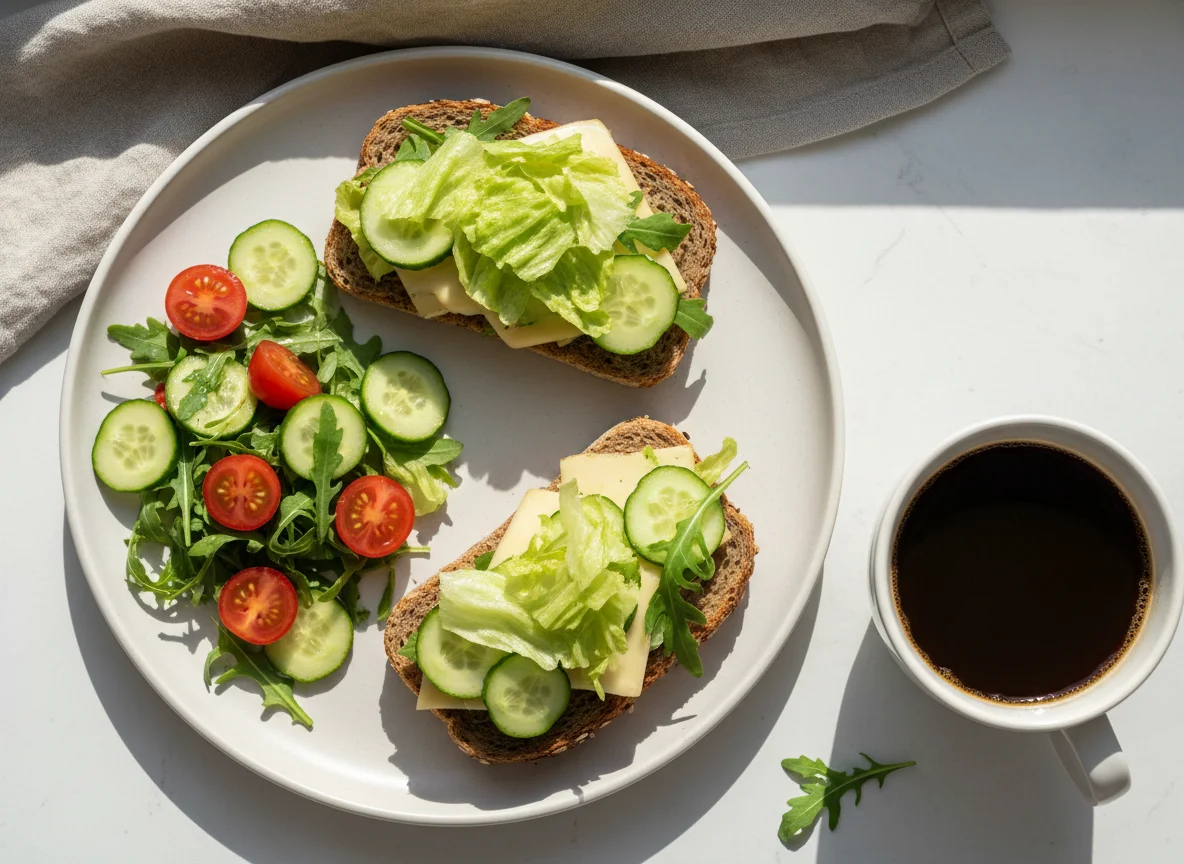 Завтрак с сэндвичем, салатом и кофе photo