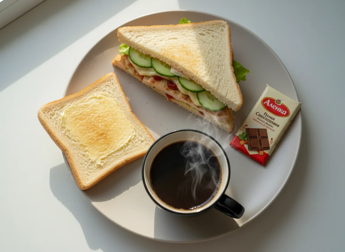Завтрак с сэндвичем, тостом, батончиком и кофе photo