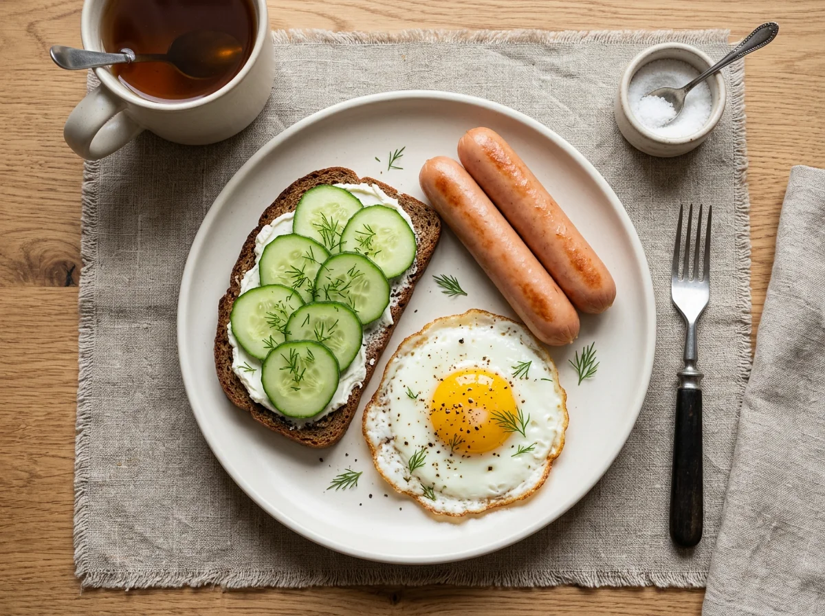 Завтрак с сосисками, яичницей и бутербродом photo