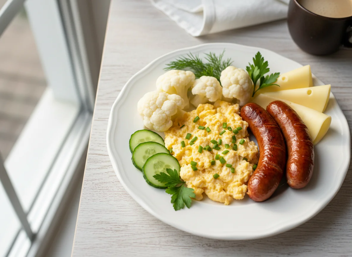 Завтрак с сосисками, яичницей и овощами photo