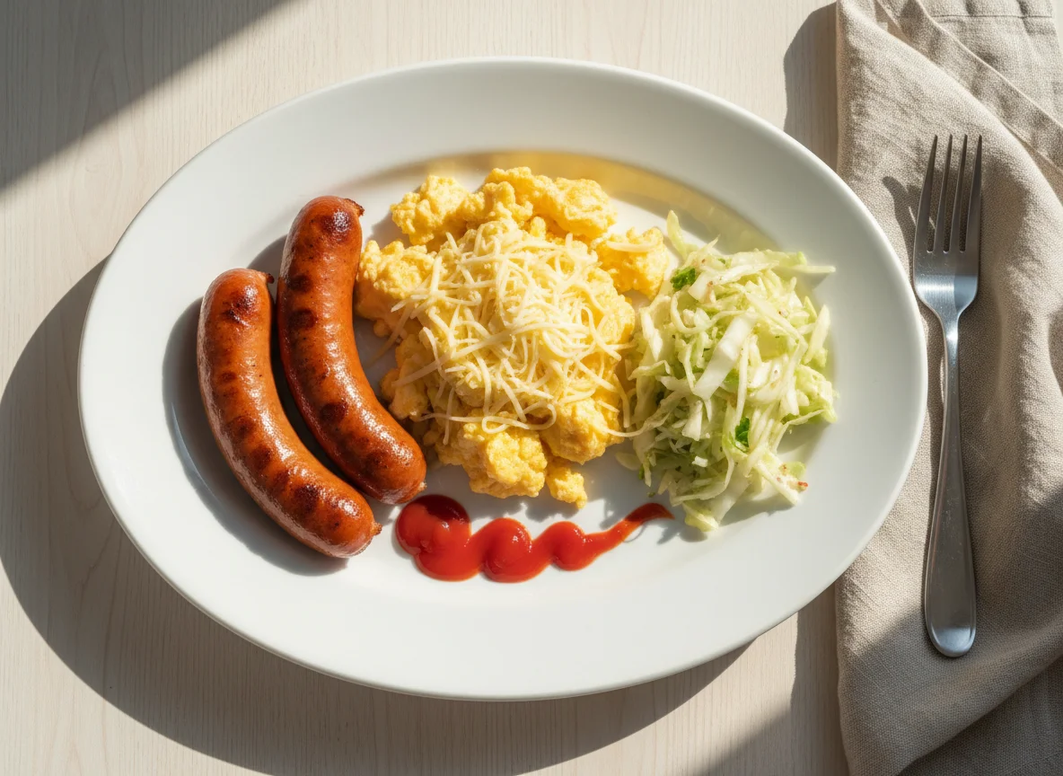 Завтрак с сосисками, яичницей и салатом photo