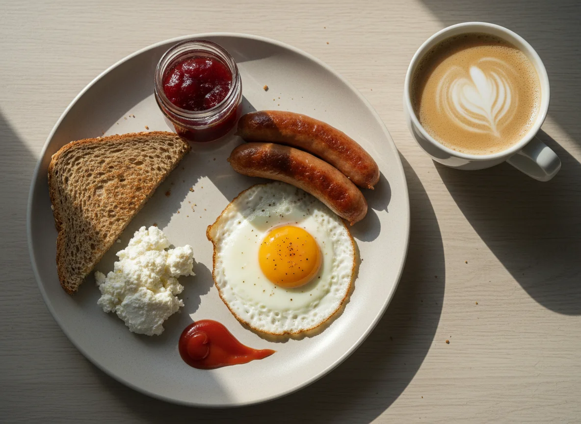 Завтрак с сосисками, яичницей и тостами photo