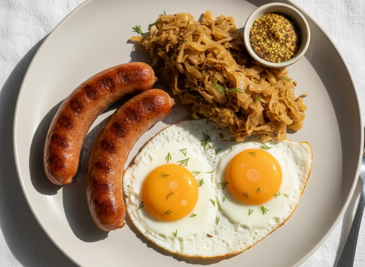 Завтрак с сосисками, яичницей и тушеной капустой photo