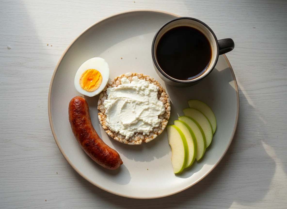 Завтрак с сосисками, яйцами и яблоком photo