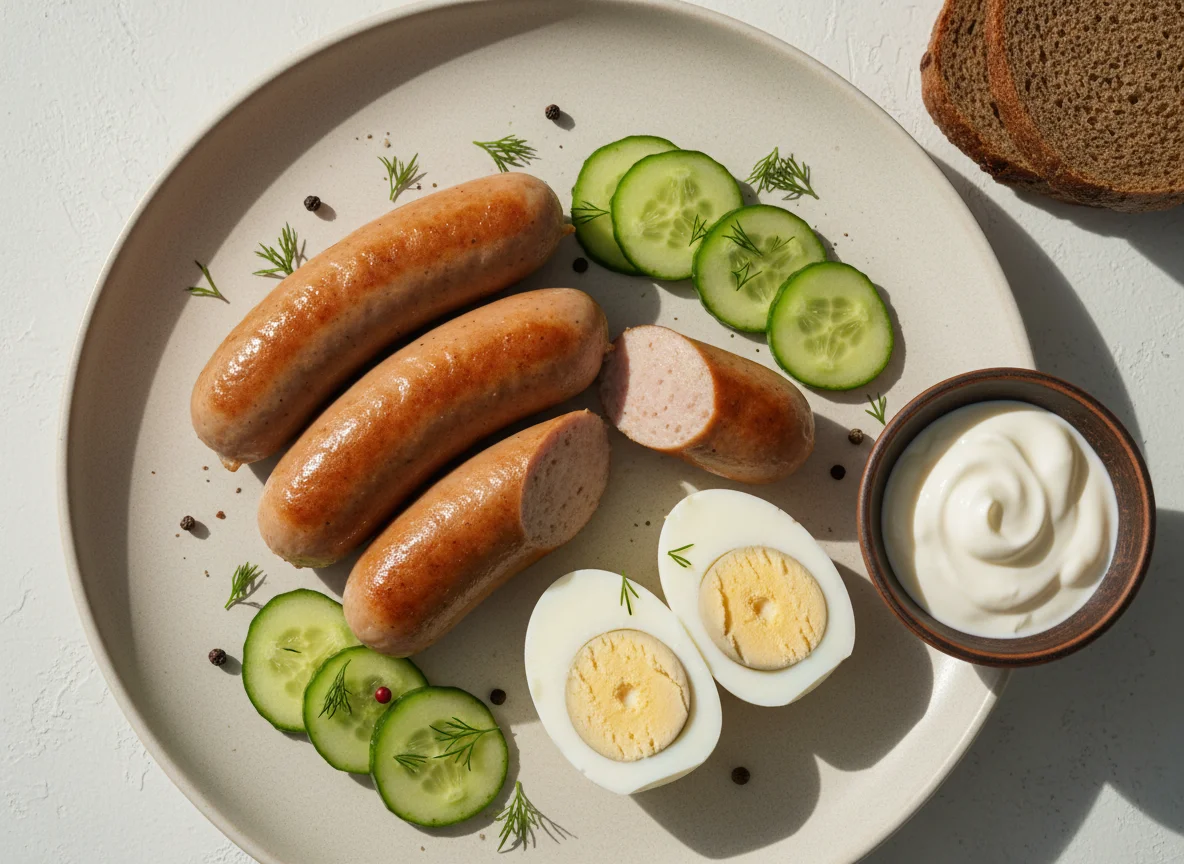 Завтрак с сосисками, яйцами и огурцами photo