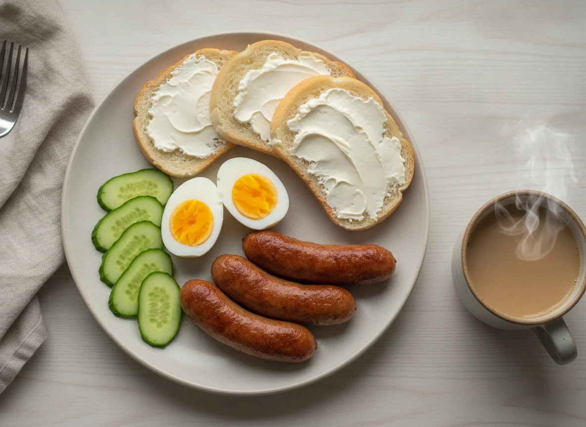 Завтрак с сосисками, яйцами и огурцом photo