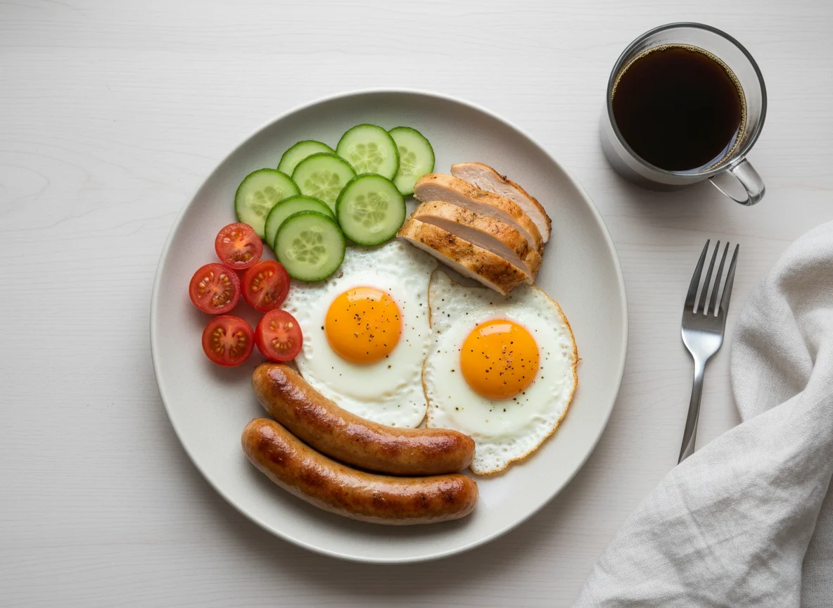 Завтрак с сосисками, яйцами и овощами photo