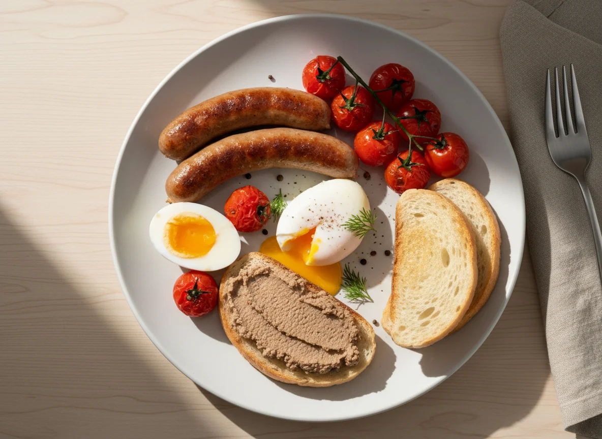 Завтрак с сосисками, яйцами и паштетом photo