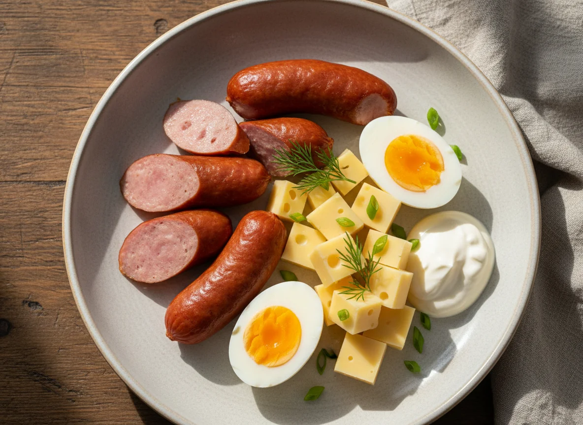 Завтрак с сосисками, яйцами и сыром photo