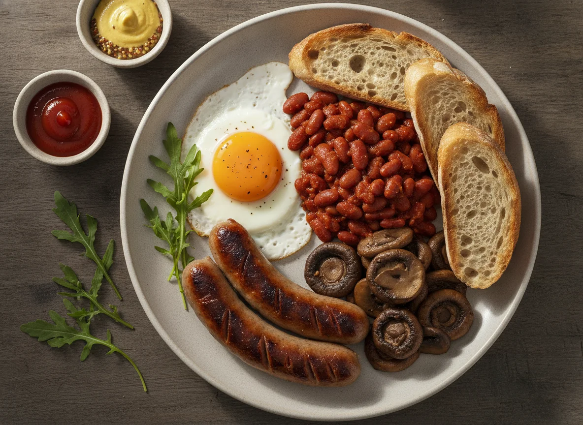 Завтрак с сосисками, яйцом и фасолью photo
