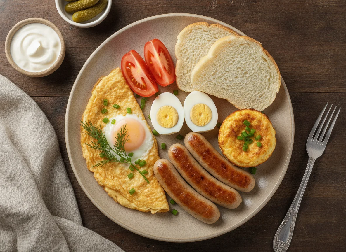 Завтрак с сосисками, яйцом и хлебом photo