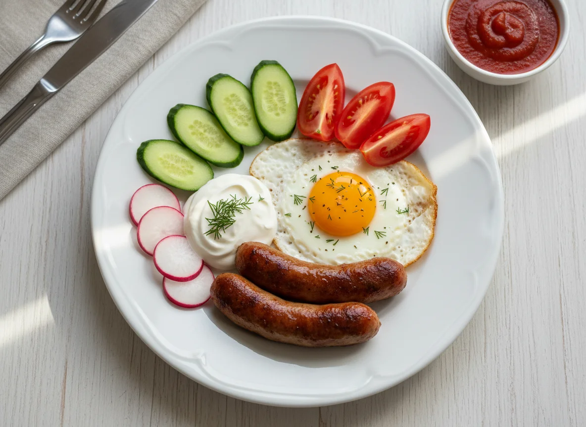 Завтрак с сосисками, яйцом и овощами photo