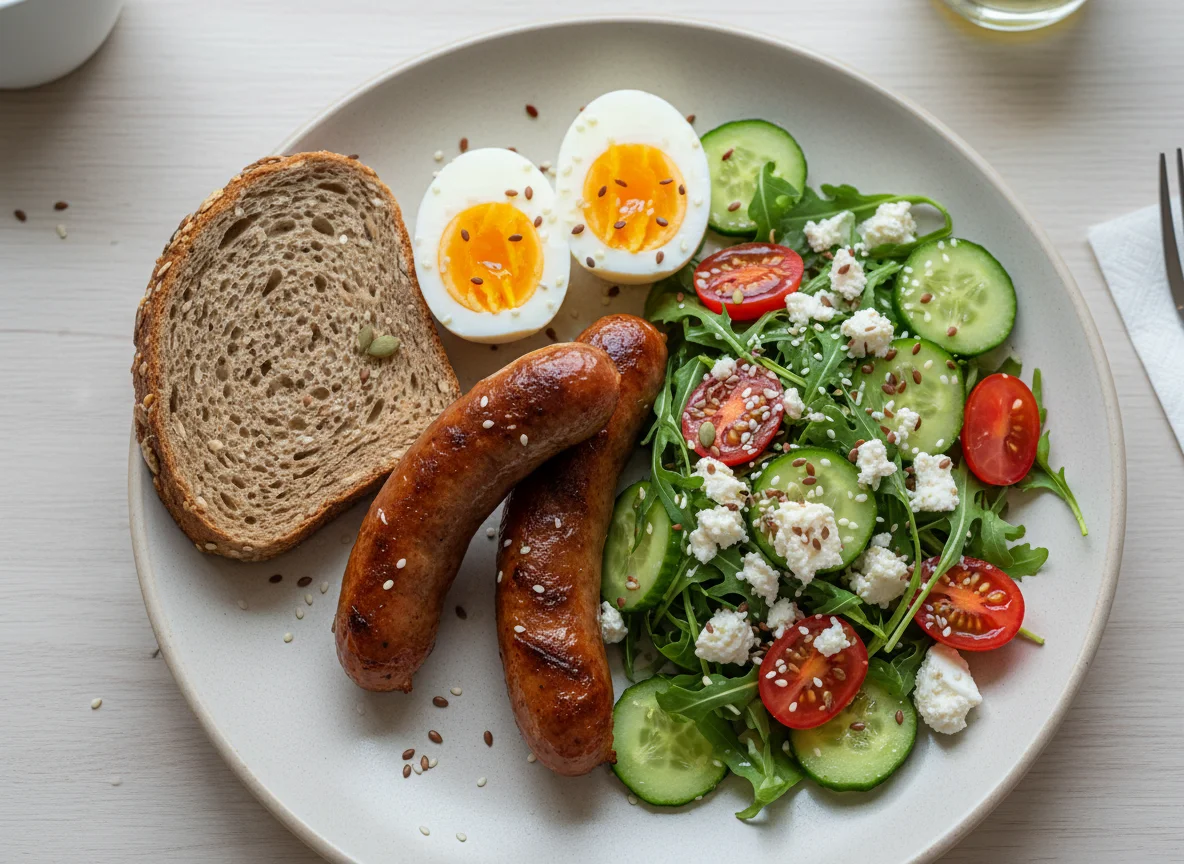 Завтрак с сосисками, яйцом и салатом photo