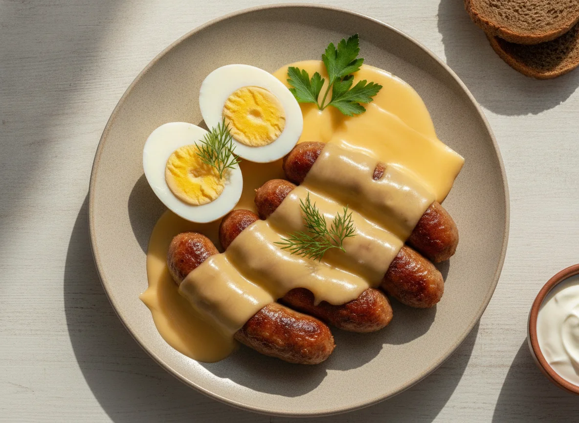 Завтрак с сосисками, яйцом и сыром photo