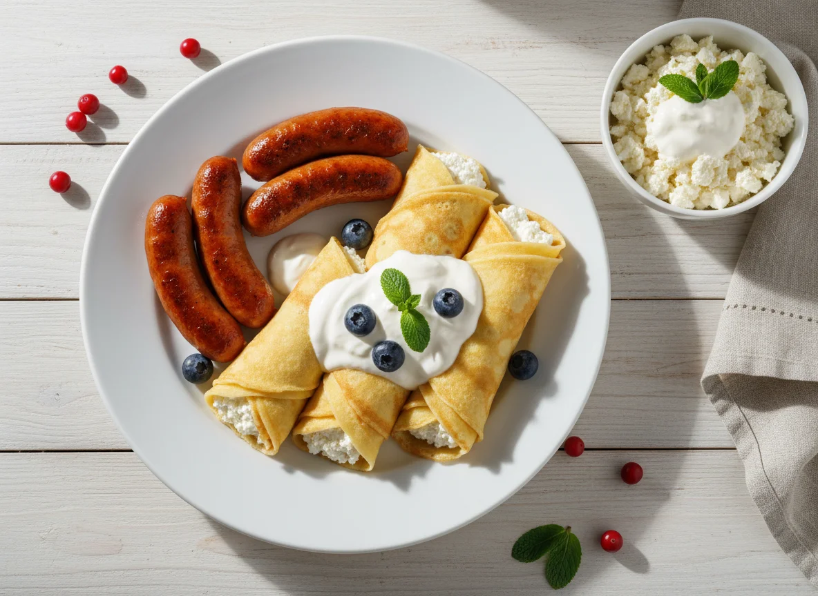 Завтрак с сосисками, блинами и творогом photo