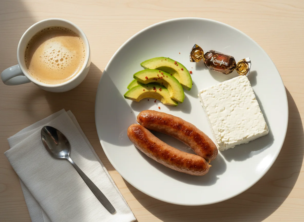 Завтрак с сосисками и авокадо photo