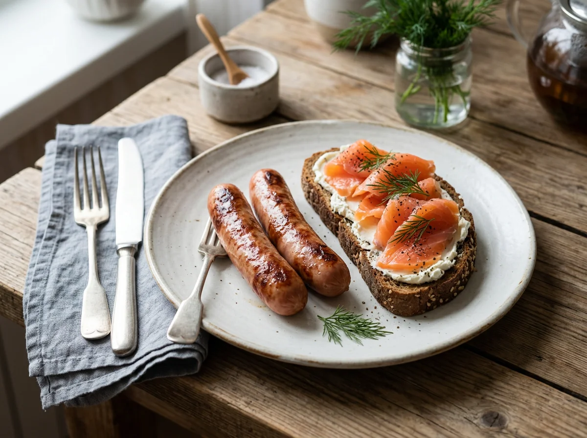 Завтрак с сосисками и бутербродом с лососем photo